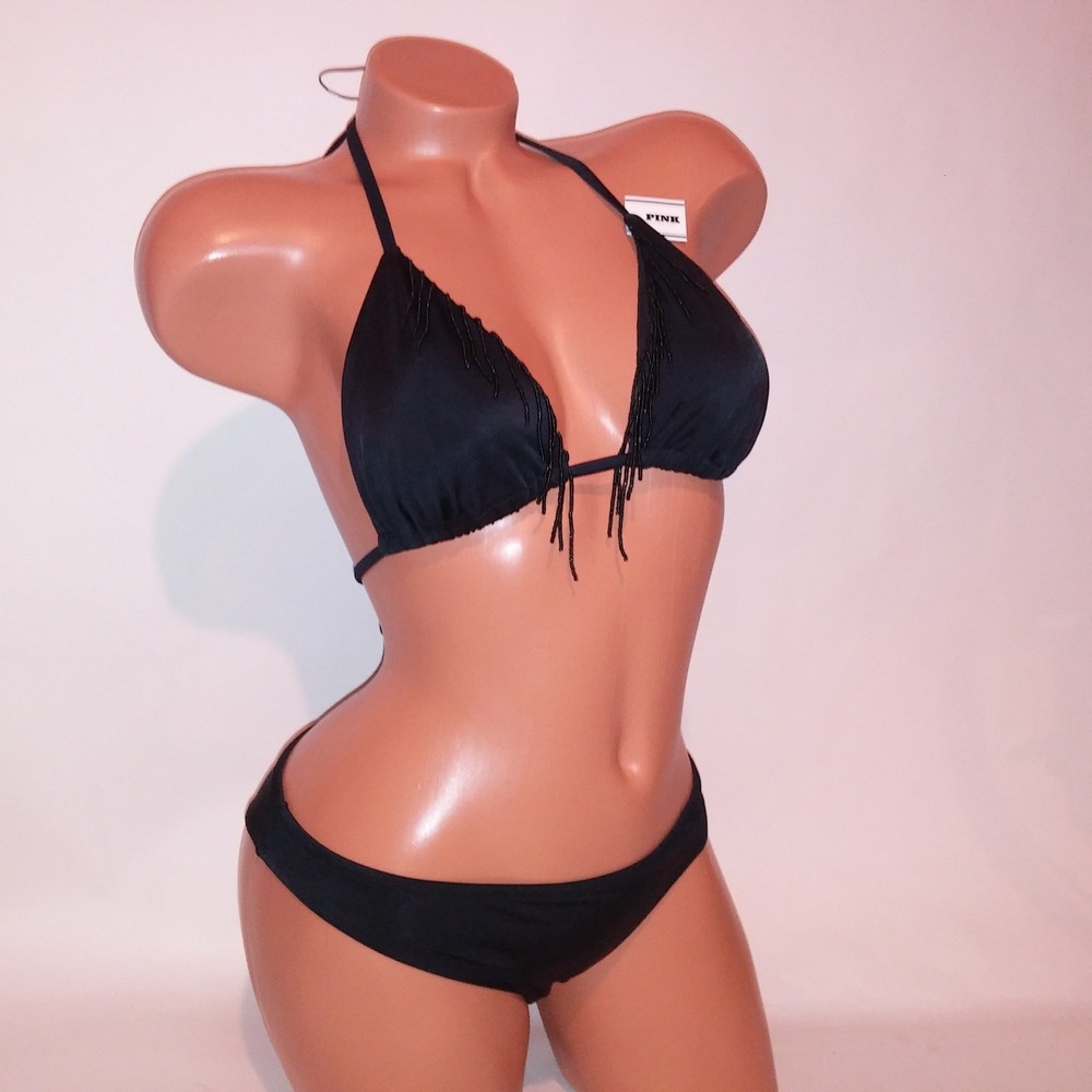 Victoria Secret Swim Bikini Medium Top & Bottom Black Beaded Fringe Triangle New